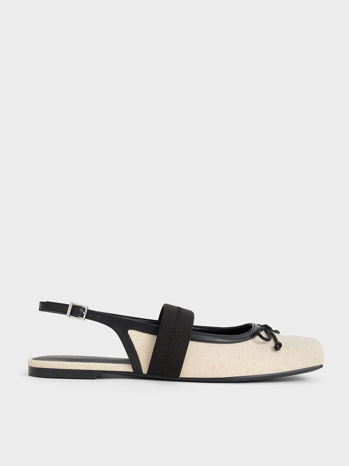 Sepatu Slingback Flats Bow Lyric Linen & Satin, Beige, hi-res