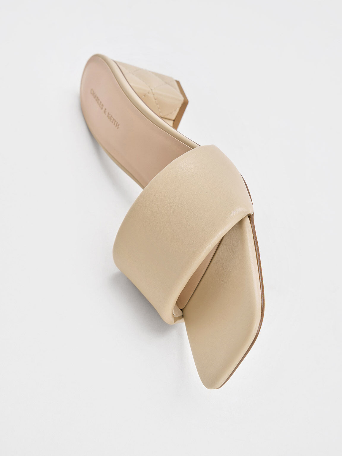 Puffy-Strap Quilted-Heel Mules, Taupe, hi-res