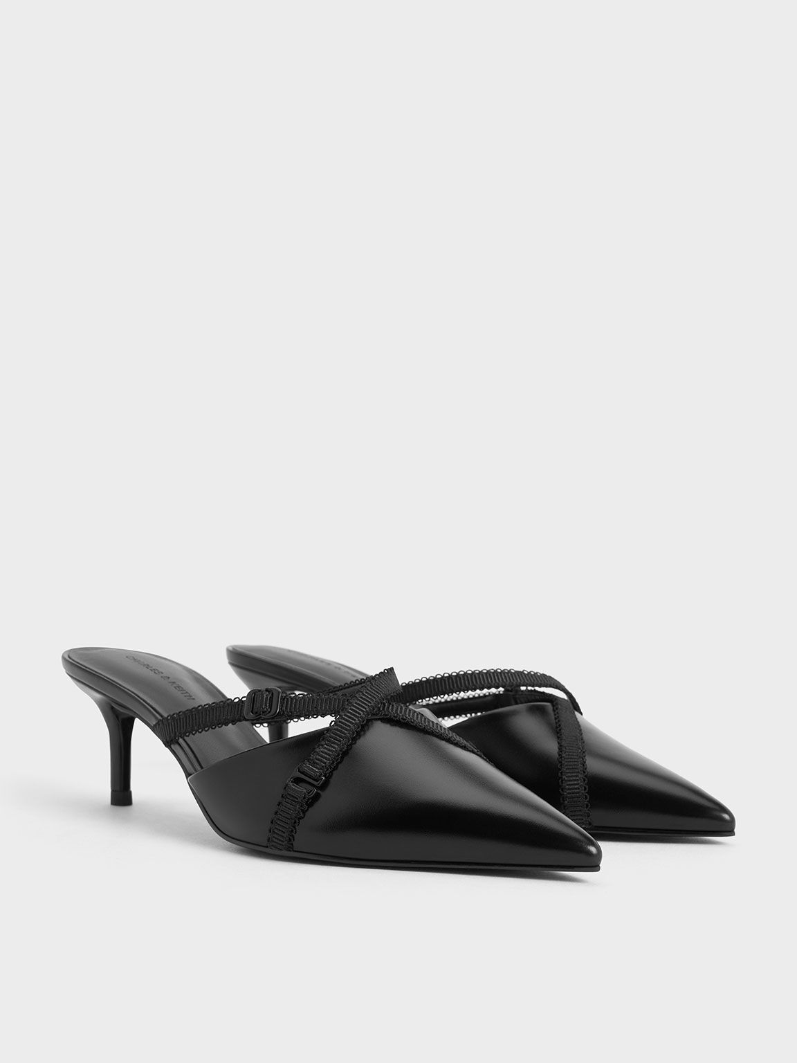 Sepatu Pointed-Toe Mules Grossgrain-Strap, Black, hi-res