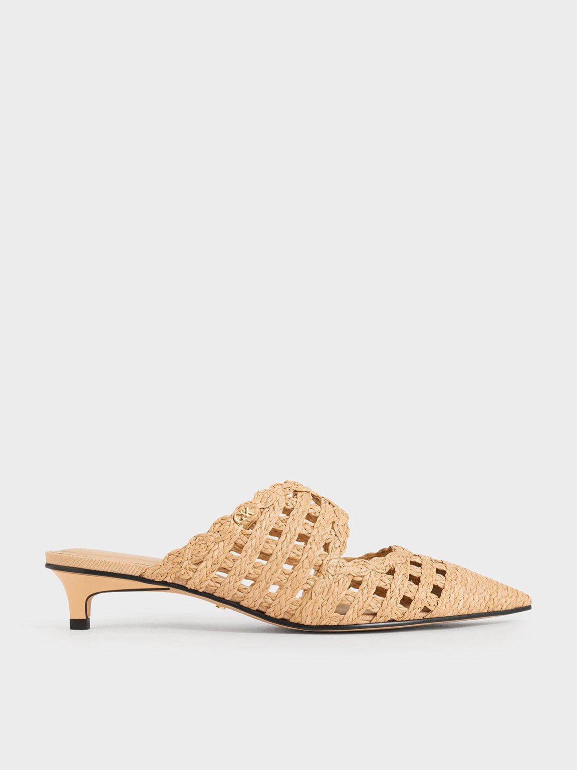 Sepatu Mules Pointed-Toe Kitten-Heel Raffia, Sand, hi-res