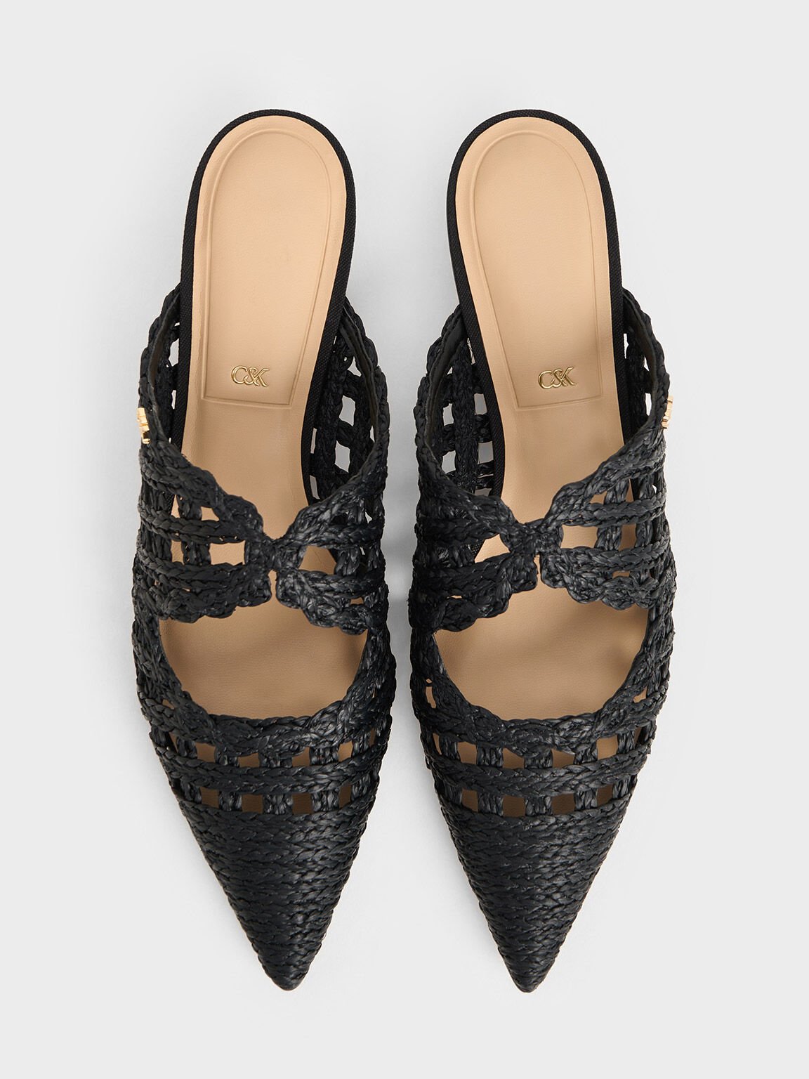 Raffia Kitten-Heel Pointed-Toe Mules, Black Textured, hi-res