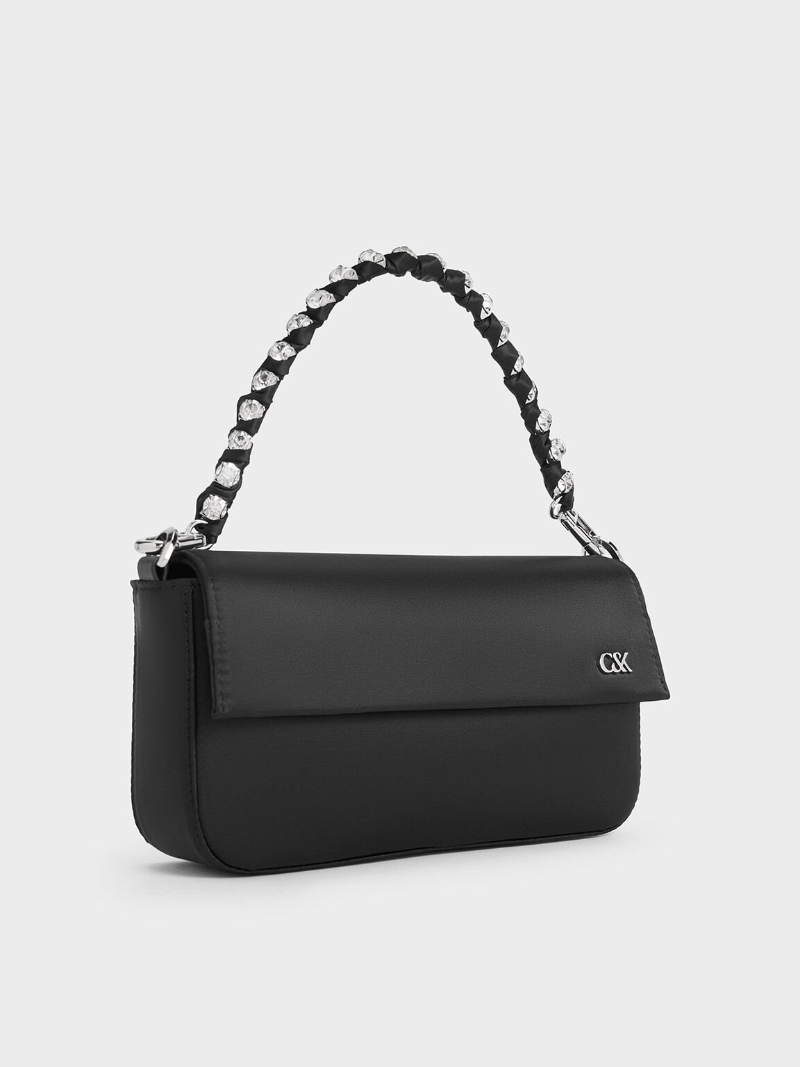 Tas Gem-Strap Front Flap Goldie Satin, Noir, hi-res