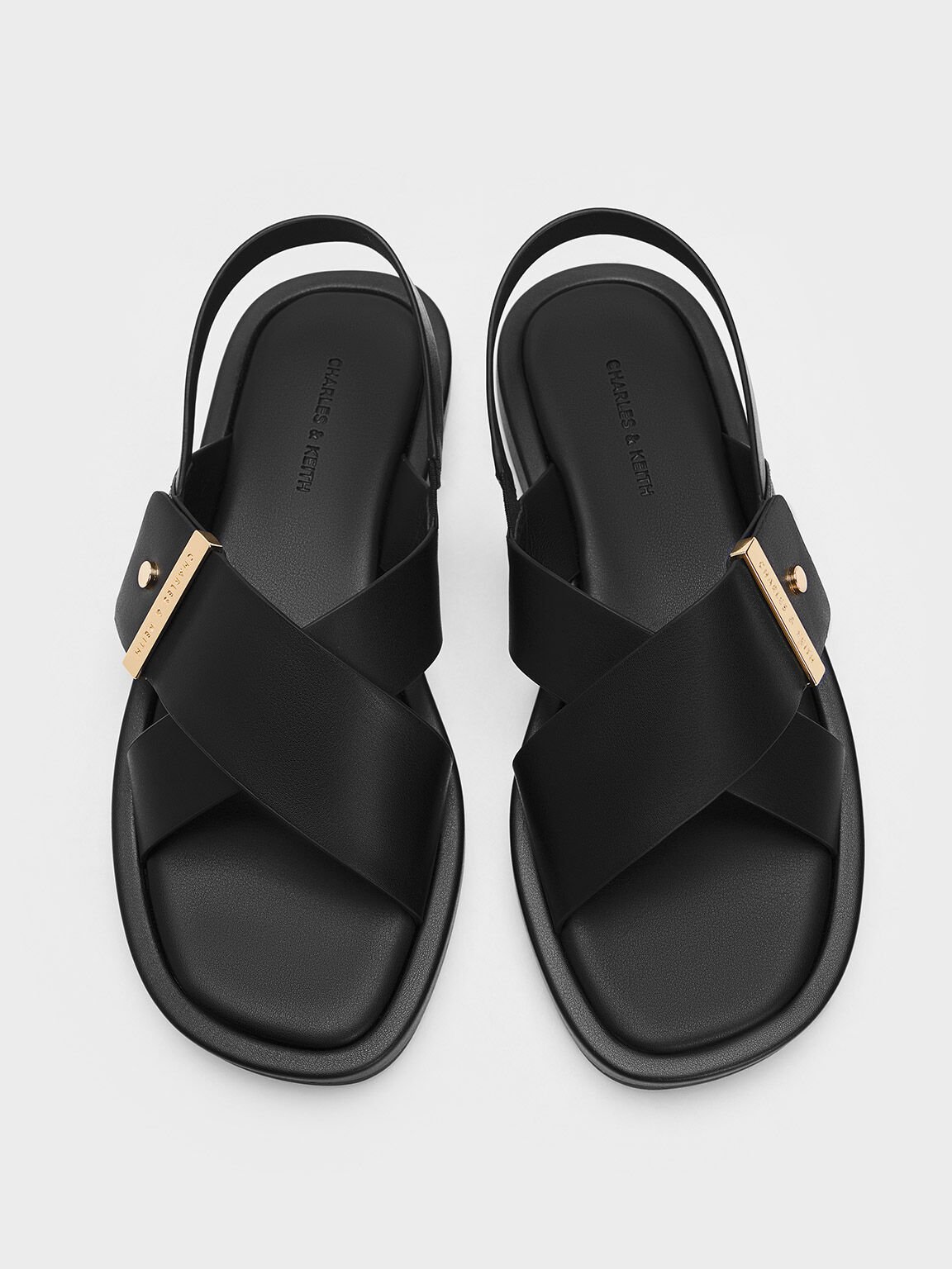 Crossover-Strap Slingback Sandals, Black, hi-res