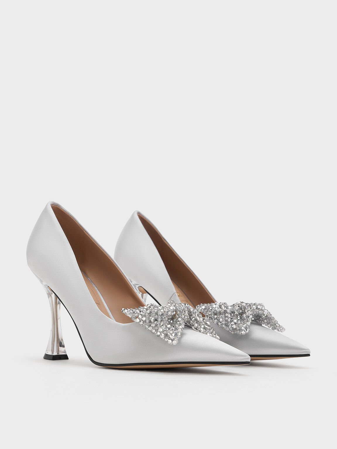 Sepatu Pumps Beaded Bow Recycled Polyester, Silver, hi-res