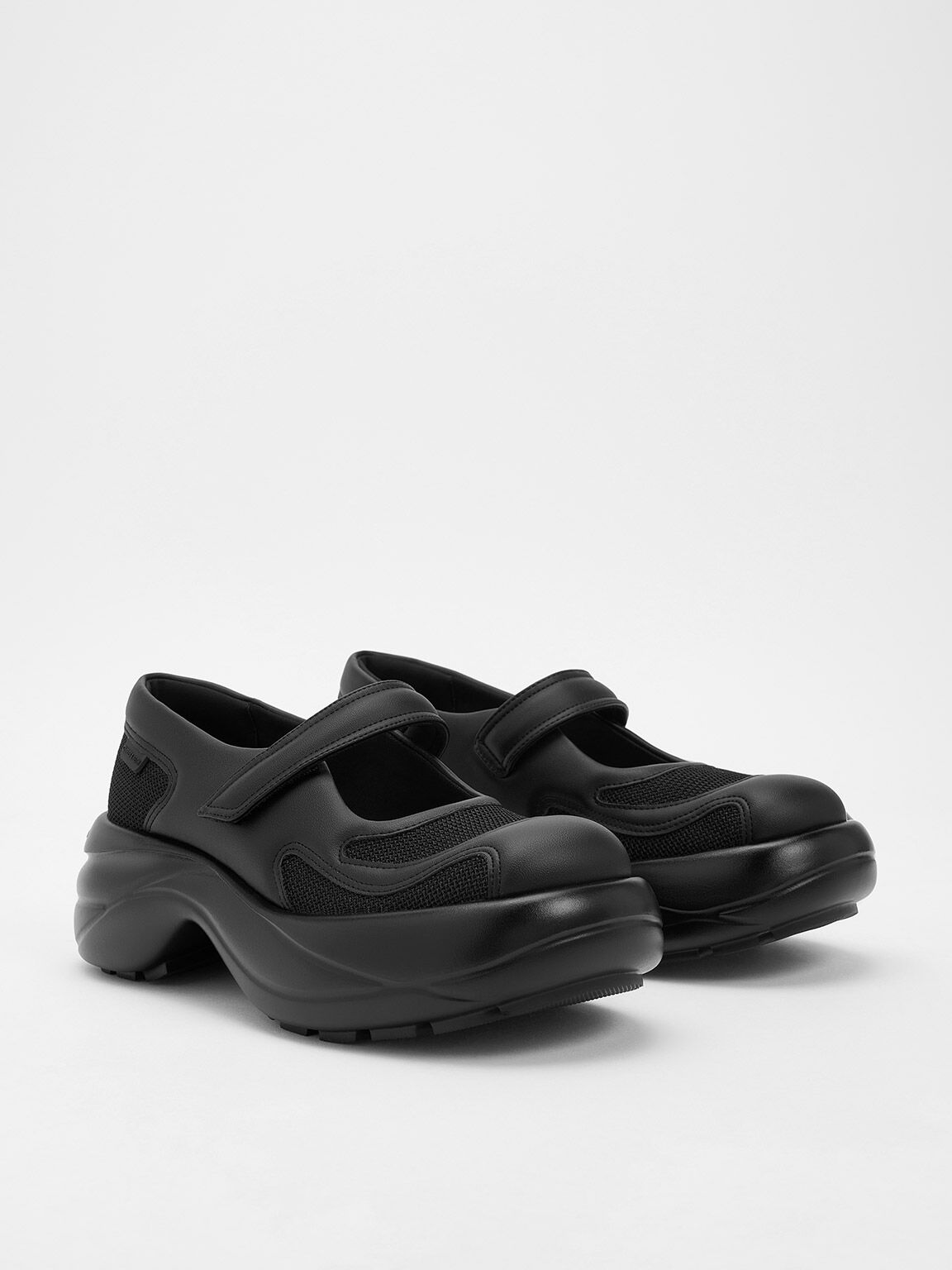 Sneakers Mary Jane Curved Platform Mesh, Black Textured, hi-res