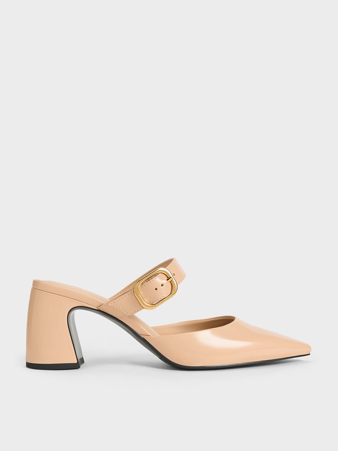 Sepatu Heeled Mules Mary Jane Pointed-Toe Patent, Nude, hi-res