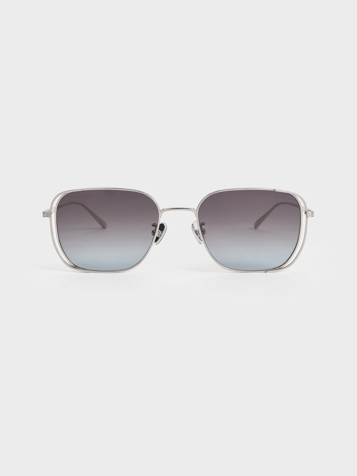 Metallic-Rim Rectangular Sunglasses, Silver, hi-res