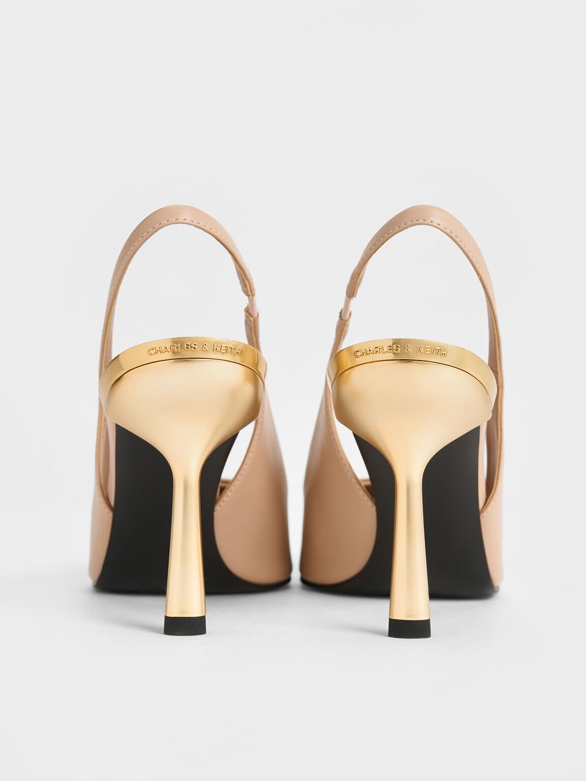 Sepatu Slingback Pumps Pointed-Toe Metallic-Heel, Nude, hi-res