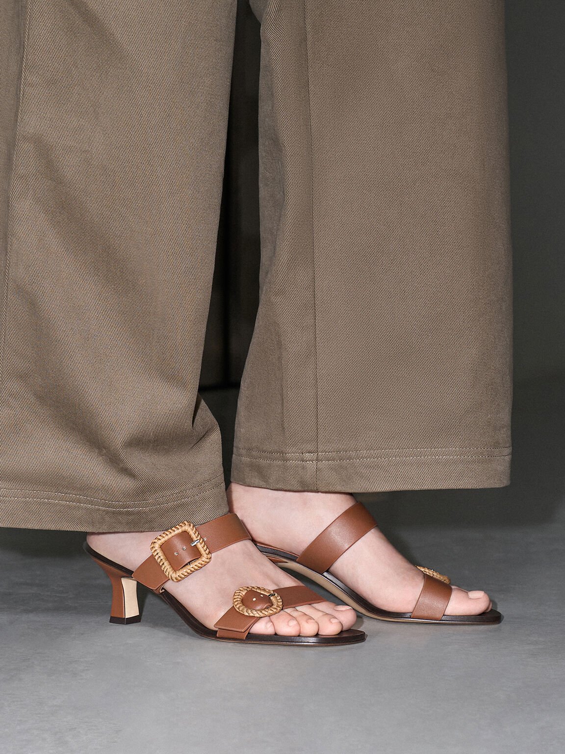 Woven-Buckle Heeled Mules, Brown, hi-res