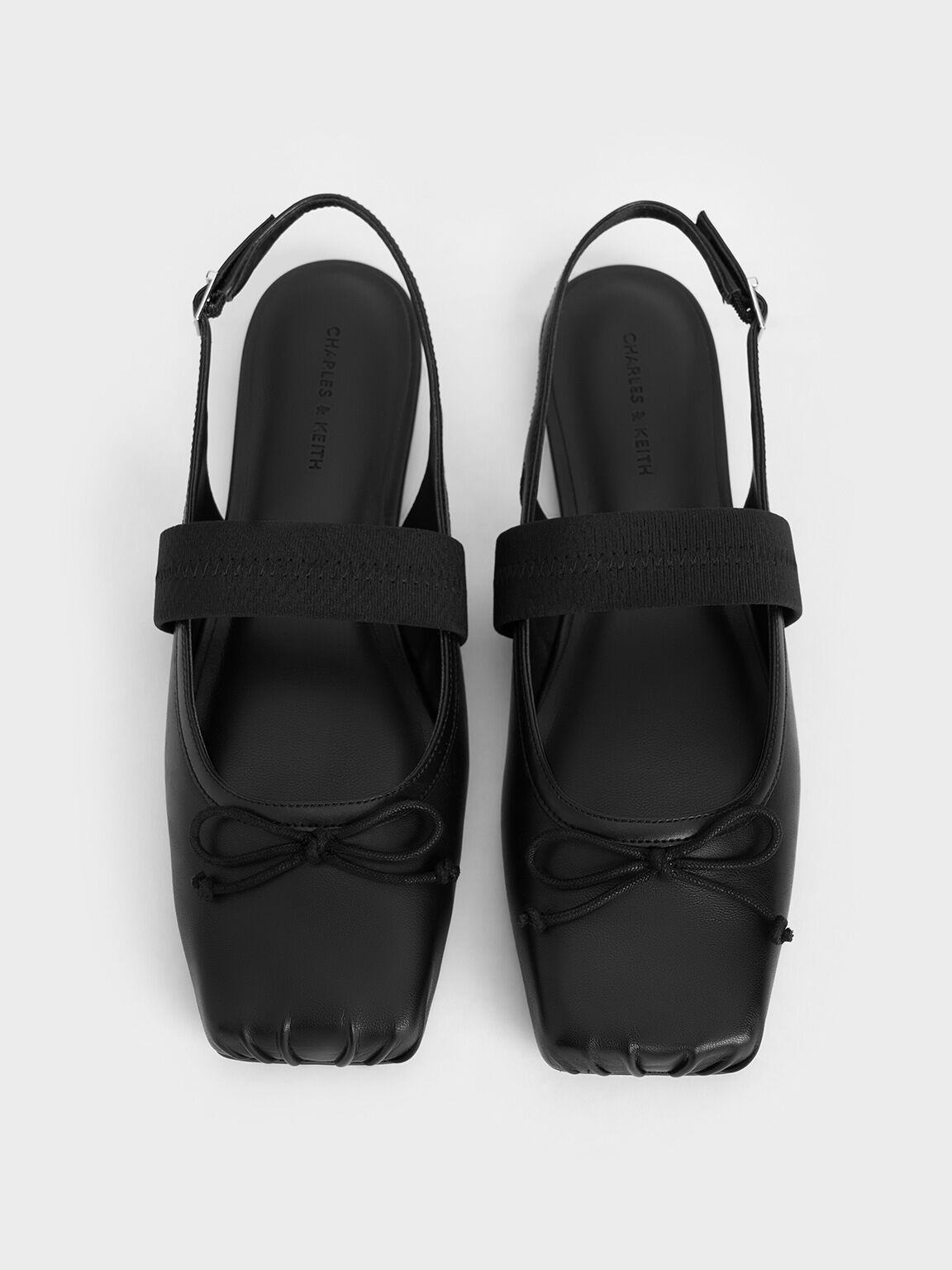 Sepatu Slingback Flats Bow Lyric Satin, Black, hi-res
