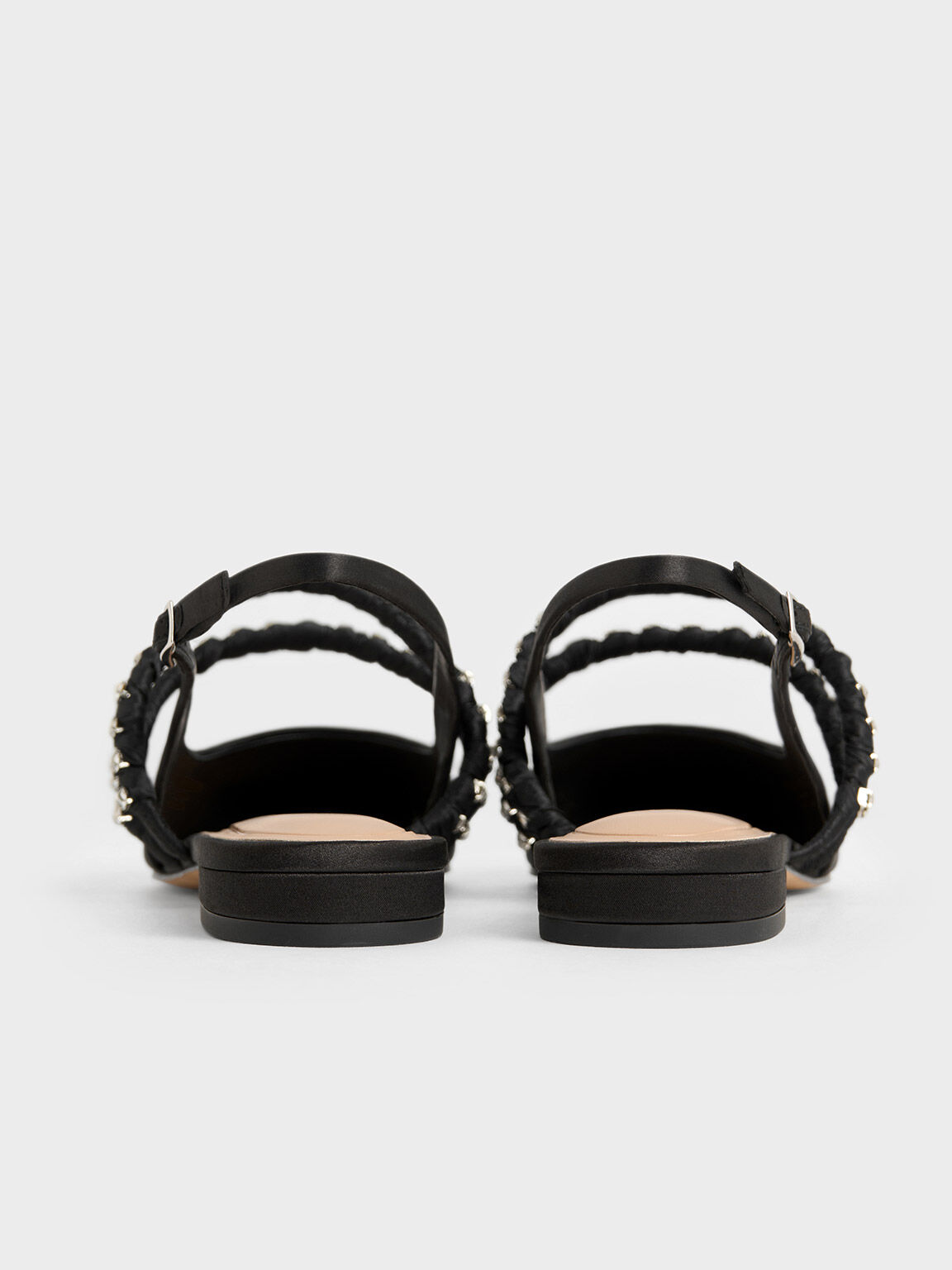 Sepatu Flats Mary Jane Gem-Encrusted Recycled Polyester Goldie, Black Textured, hi-res