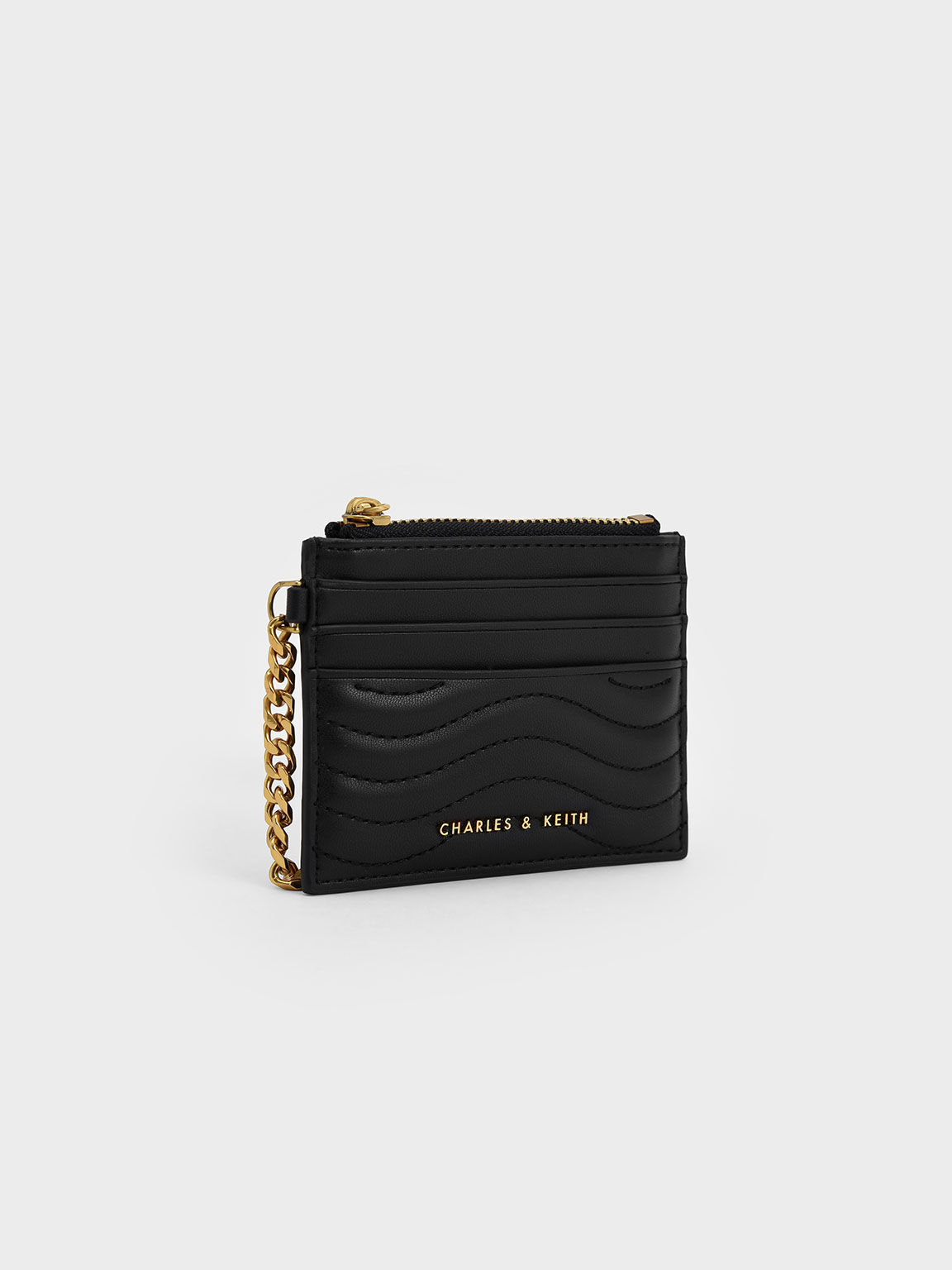 Aubrielle Stitch-Trim Zip Card Holder, Black, hi-res