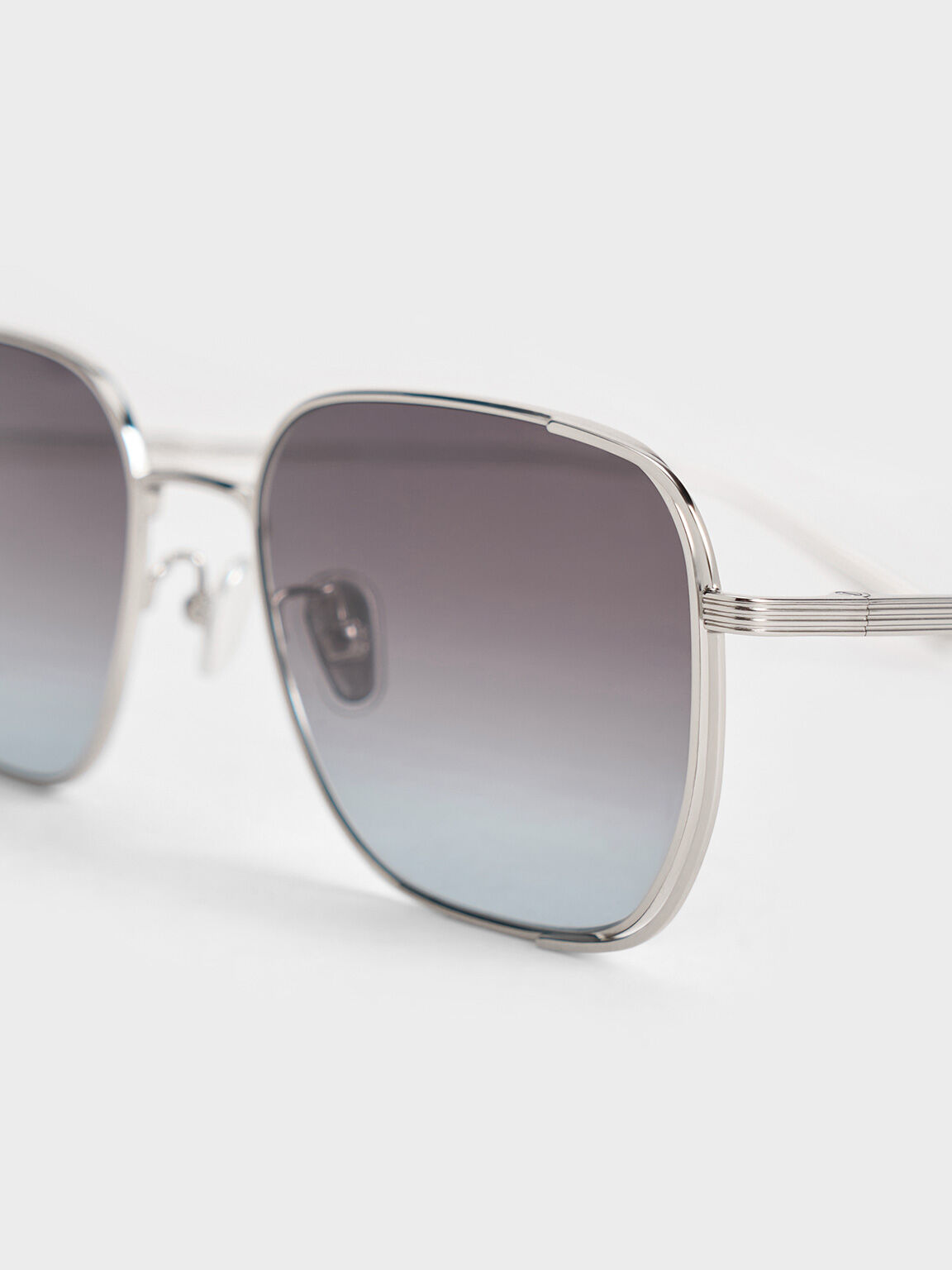 Metallic-Rim Rectangular Sunglasses, Silver, hi-res