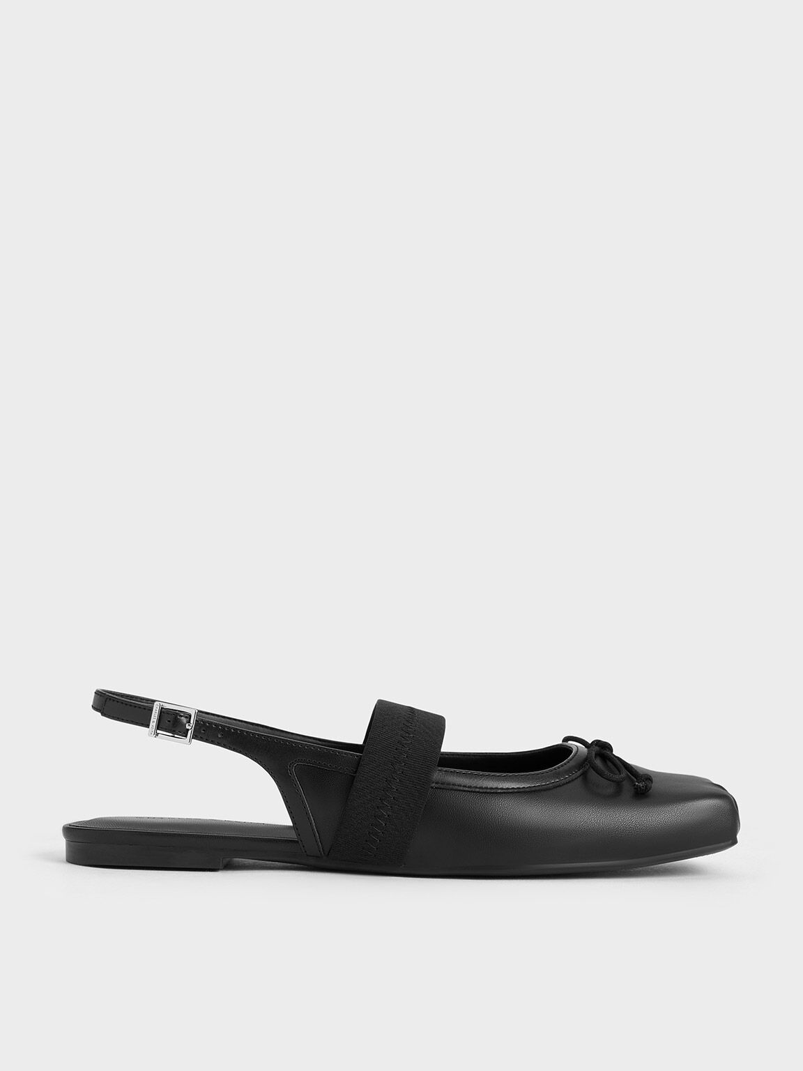 Sepatu Slingback Flats Bow Lyric Satin, Black, hi-res