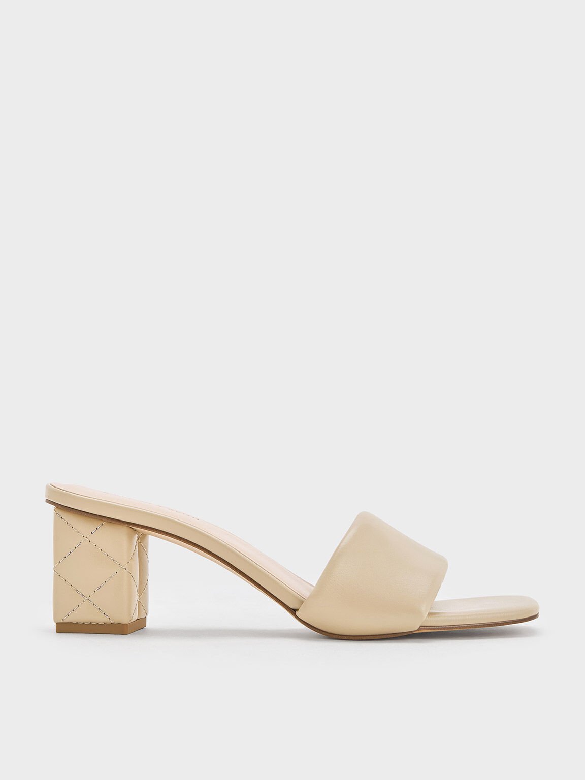 Puffy-Strap Quilted-Heel Mules, Taupe, hi-res