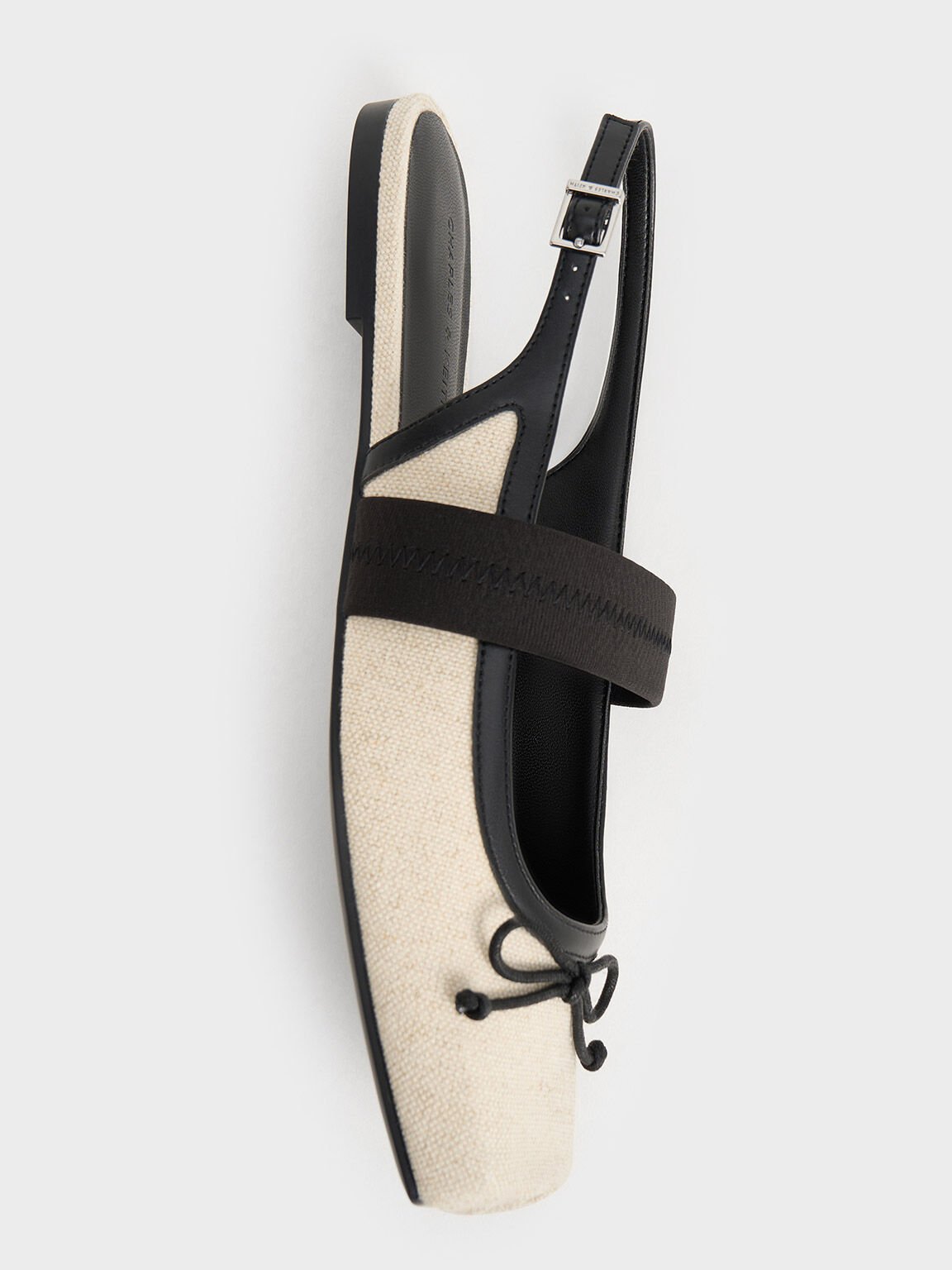 Sepatu Slingback Flats Bow Lyric Linen & Satin, Beige, hi-res