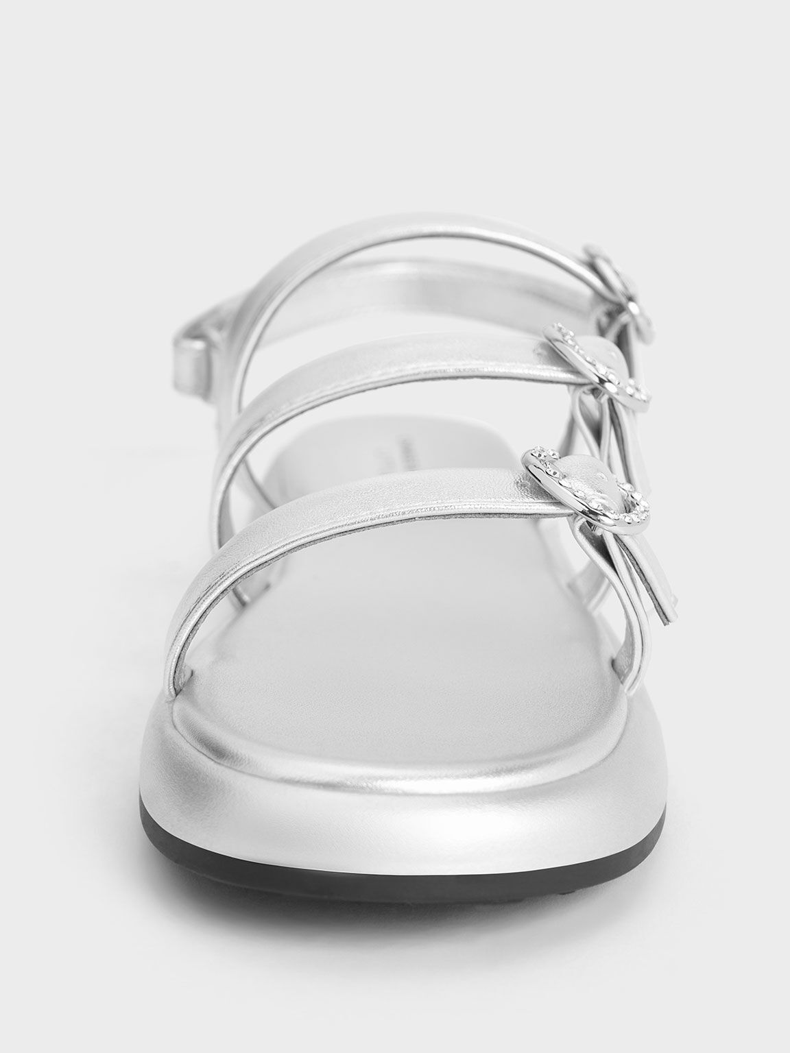 Sandal Strappy Girls' Heart-Embellished Patent, Silver, hi-res