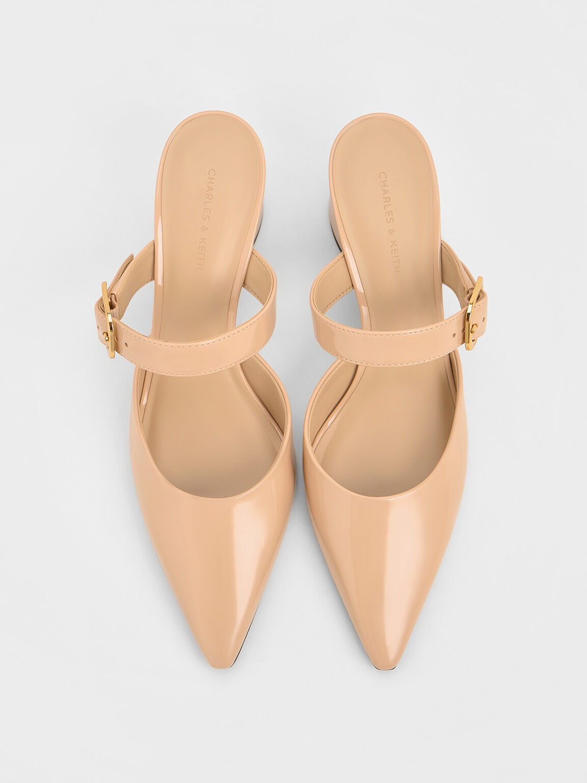 Sepatu Heeled Mules Mary Jane Pointed-Toe Patent, Nude, hi-res