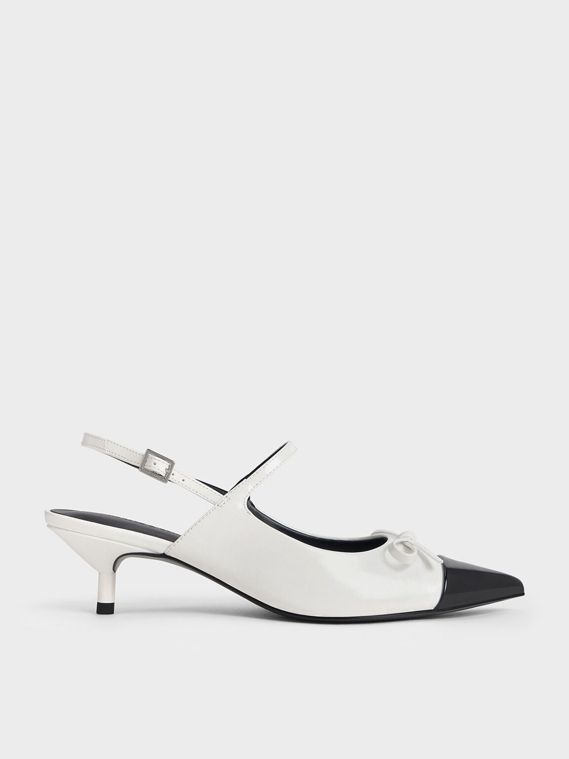 Sepatu Slingback Pumps Kitten-Heel Cap-Toe Bow, White, hi-res