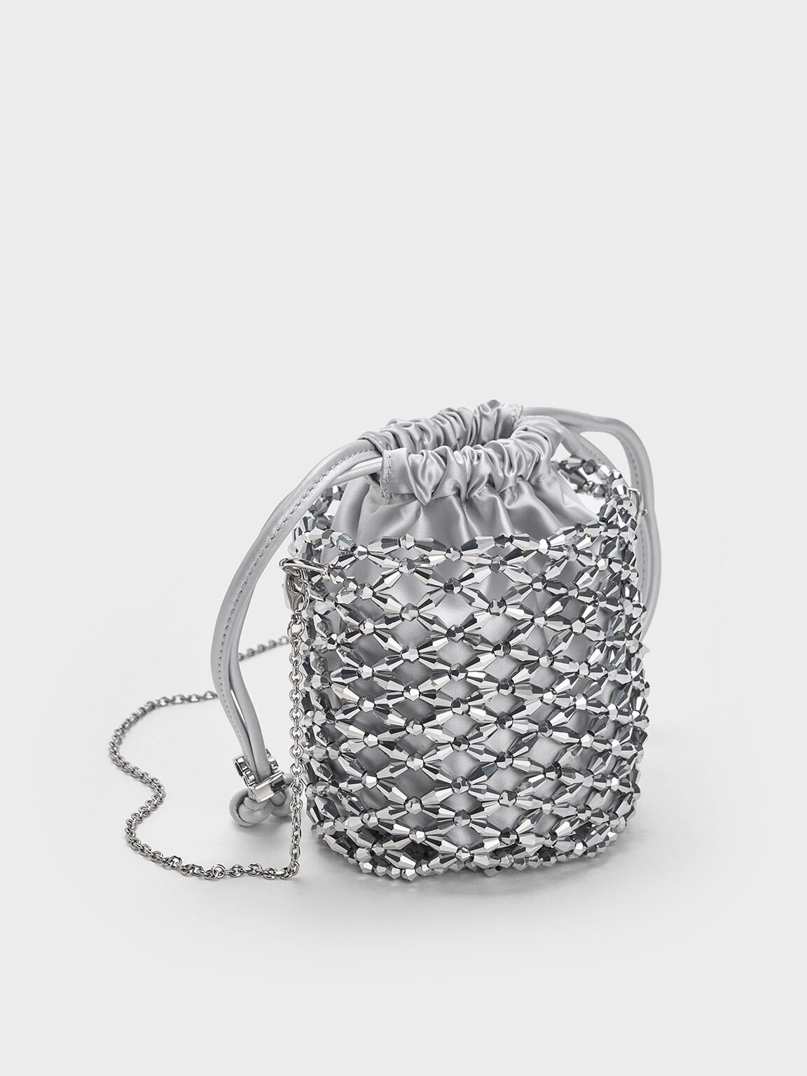 Tas Bucket Chain-Handle Beaded, Silver, hi-res