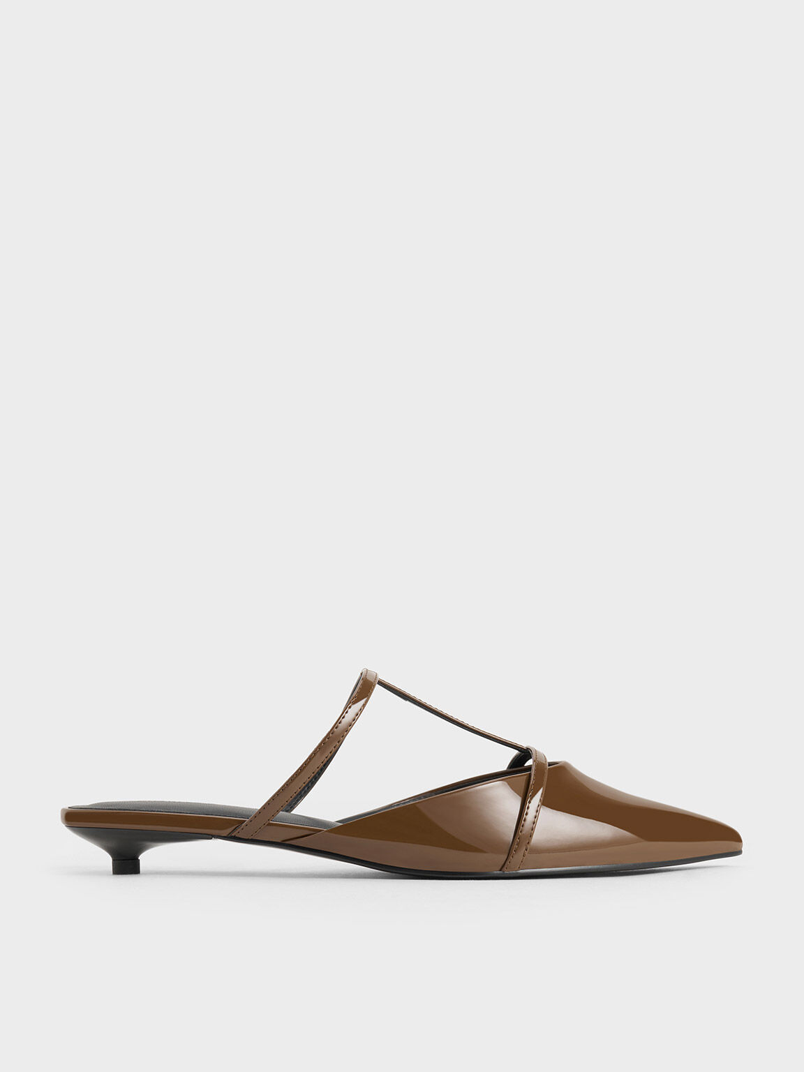 Sepatu Mules Pointed-Toe T-Bar Clara, Brown, hi-res