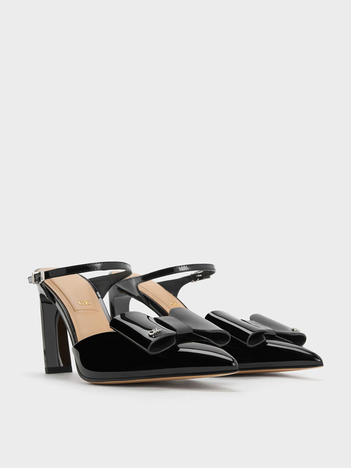 Sepatu Mules Bladed-Heel Leather Bow Lu Patent, Black Patent, hi-res