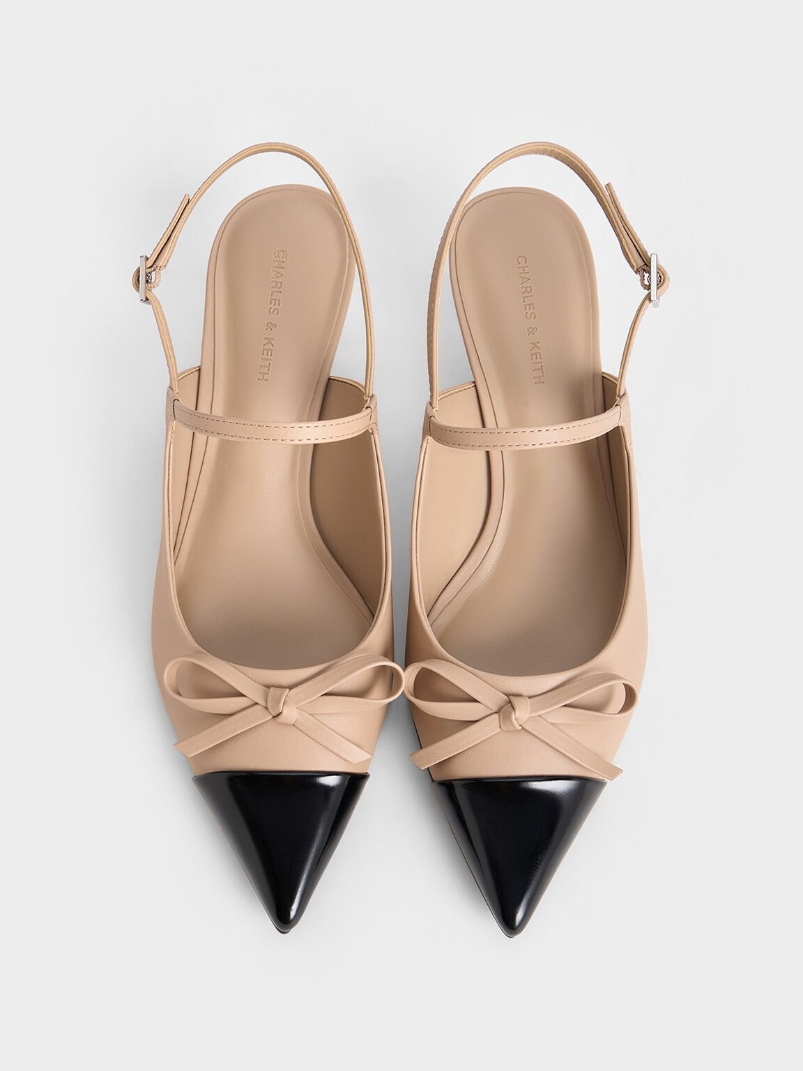 Bow Cap-Toe Kitten-Heel Slingback Pumps, Nude, hi-res