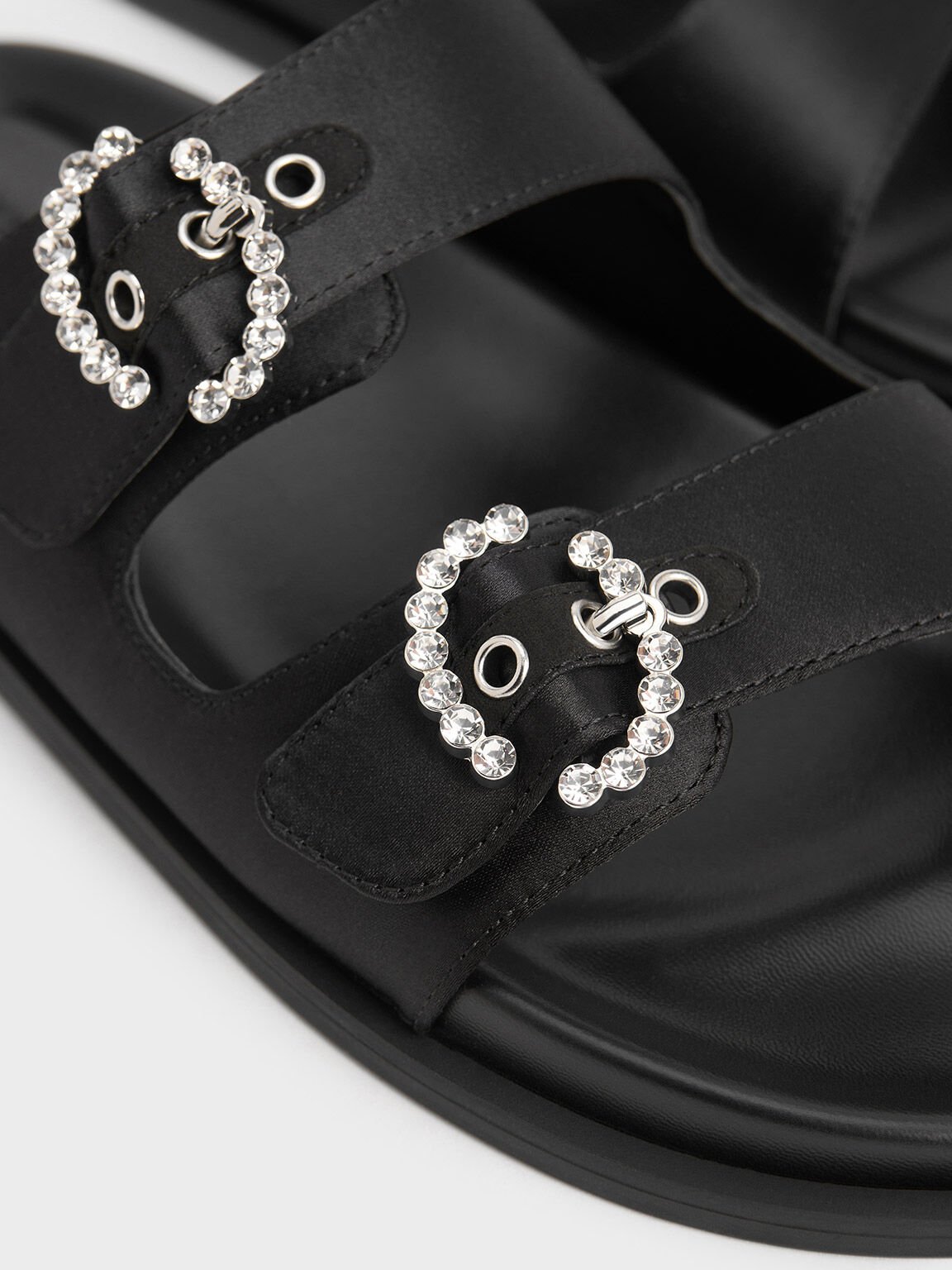 Sandal Buckle Embellished Recycled Polyester, Black Textured, hi-res