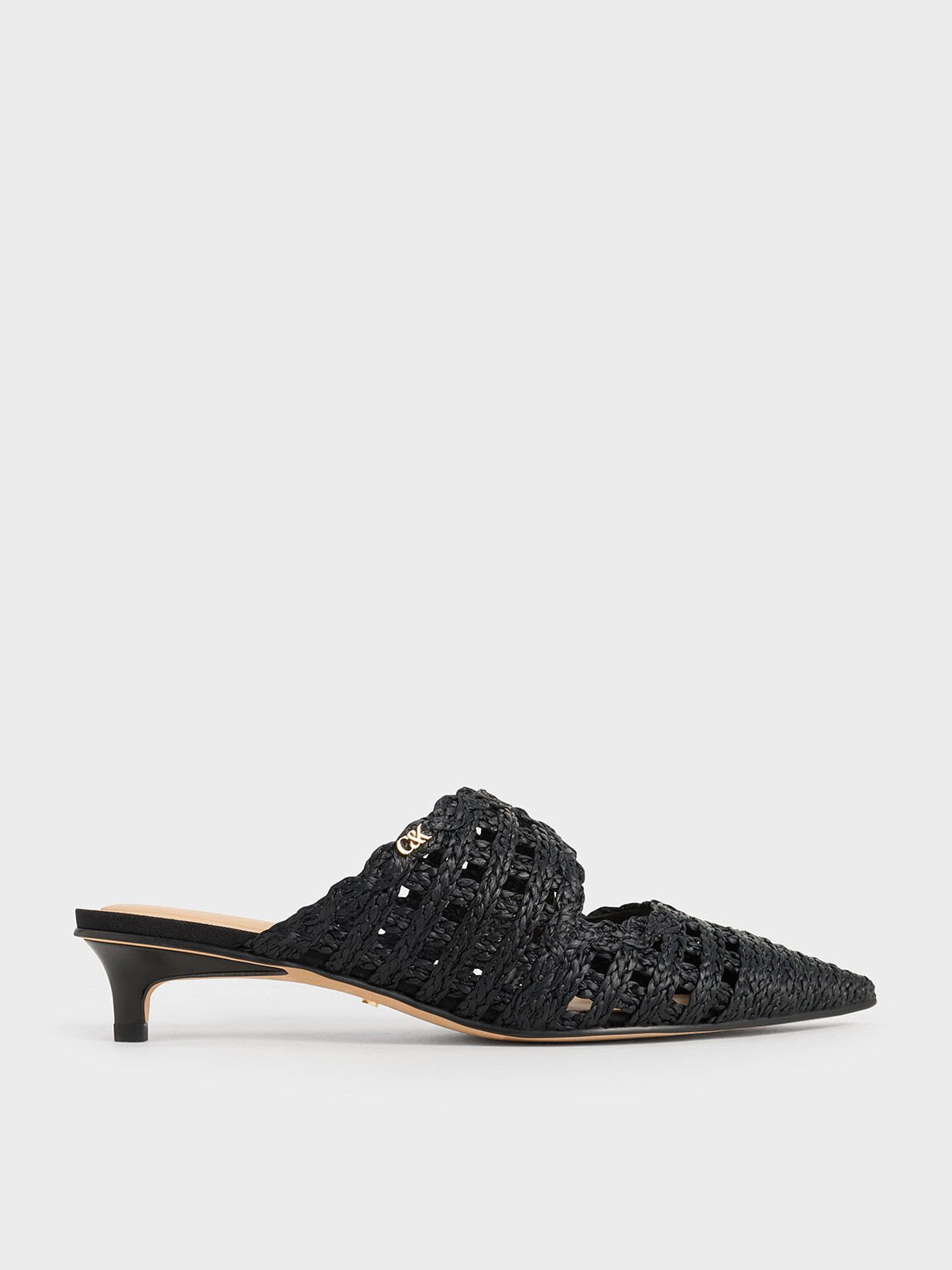 Sepatu Mules Pointed-Toe Kitten-Heel Raffia, Black Textured, hi-res