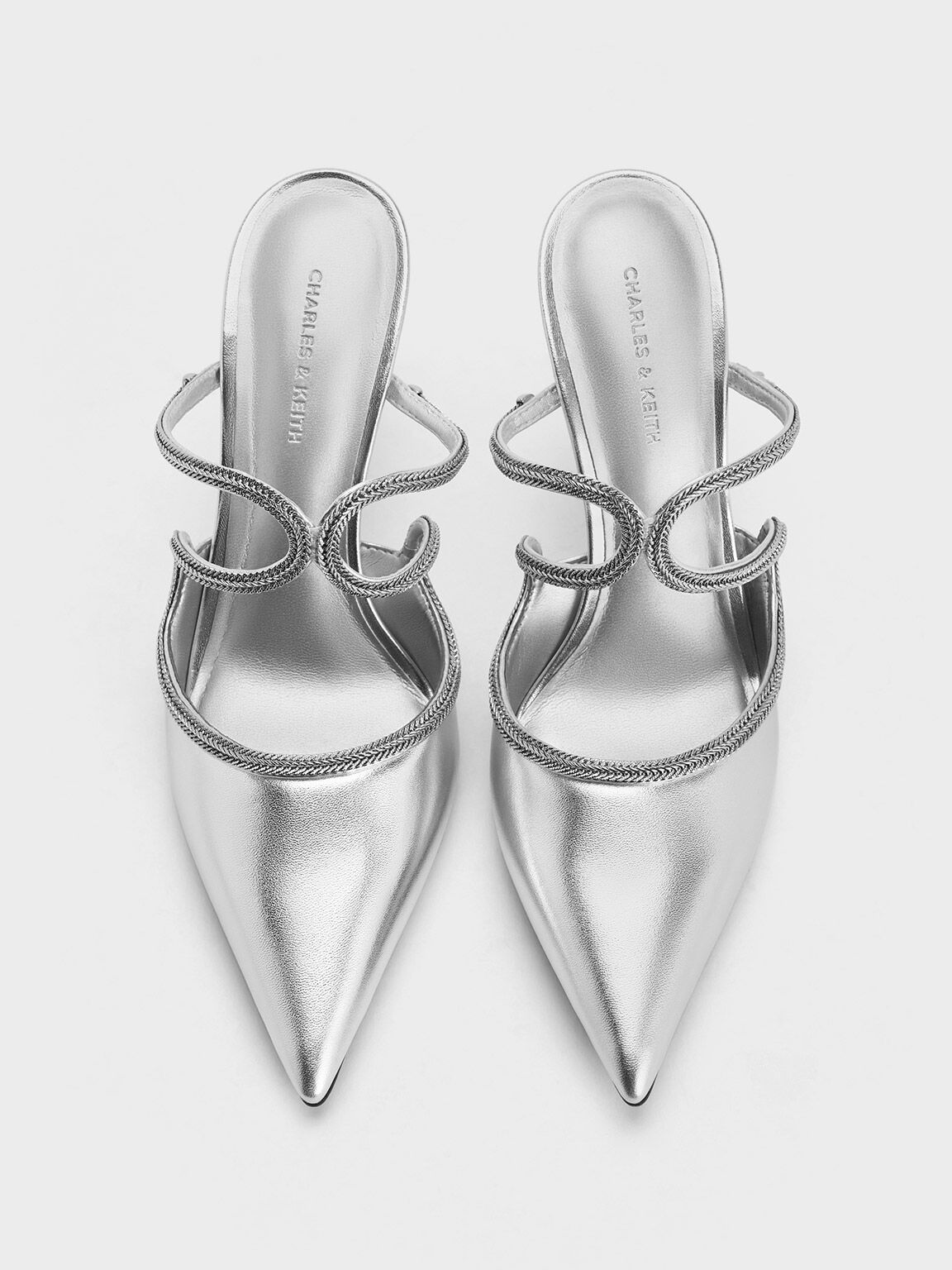 Women’s metallic braided-strap stiletto-heel mules in silver - CHARLES & KEITH