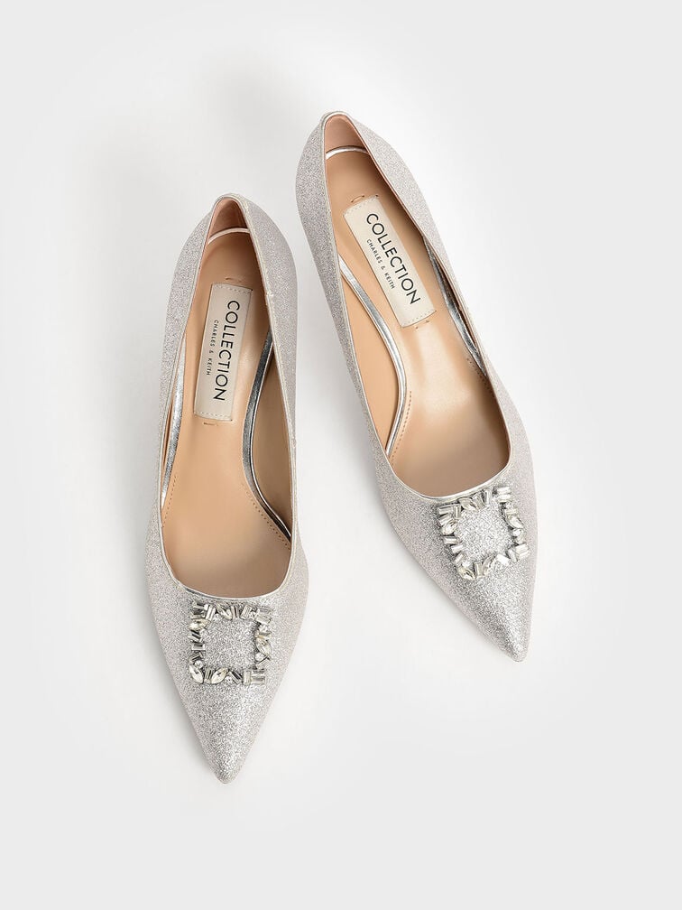 Women’s Ever glittered gem-embellished kitten heel pumps in silver - CHARLES & KEITH 