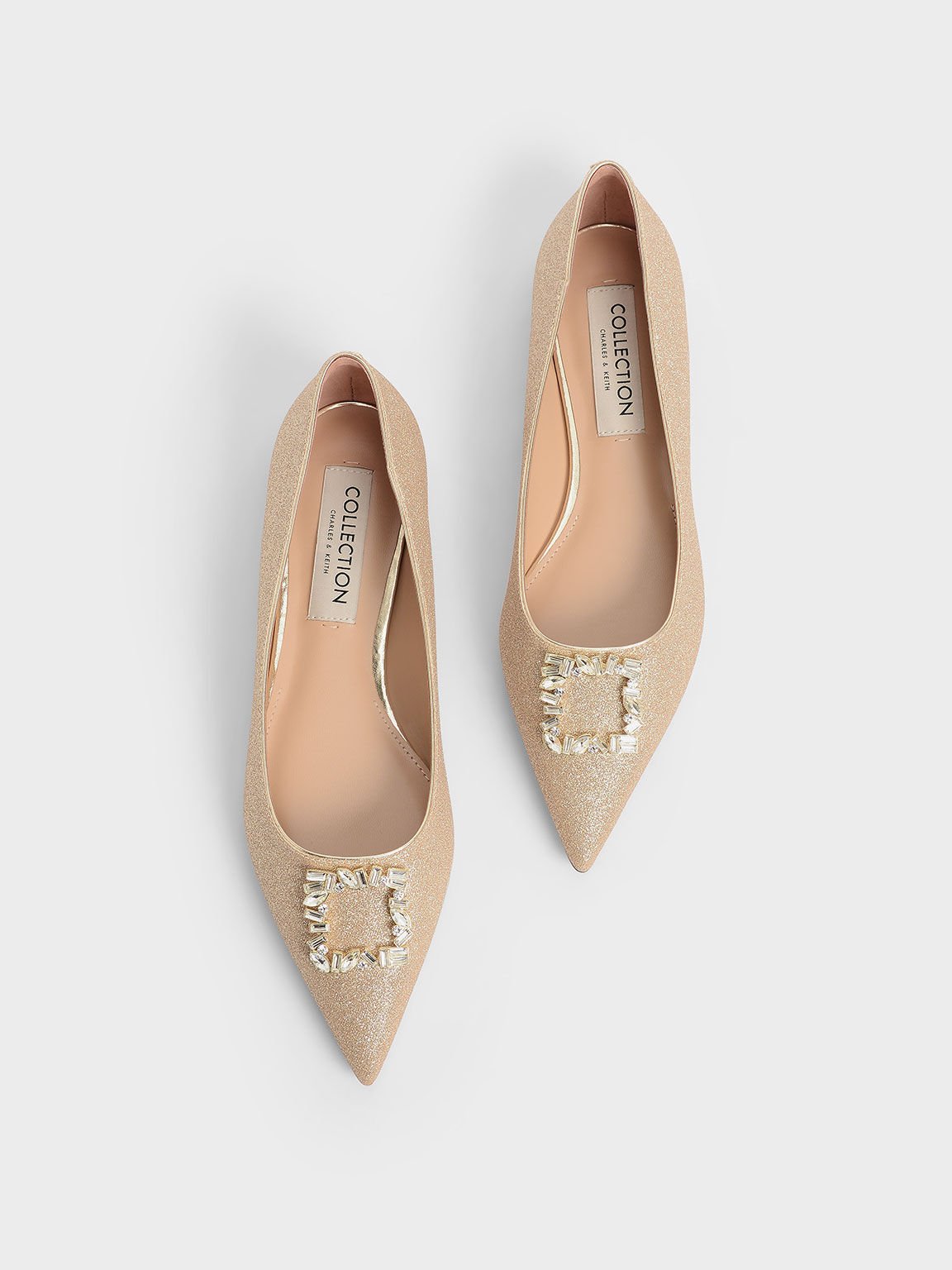 Women’s glitter gem-embellished ballerina flats in gold - CHARLES & KEITH