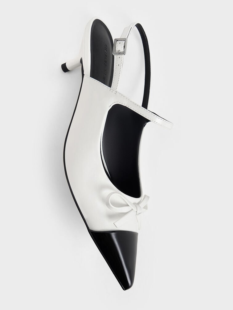 Women’s bow cap-toe kitten-heel slingback pumps in white - CHARLES & KEITH