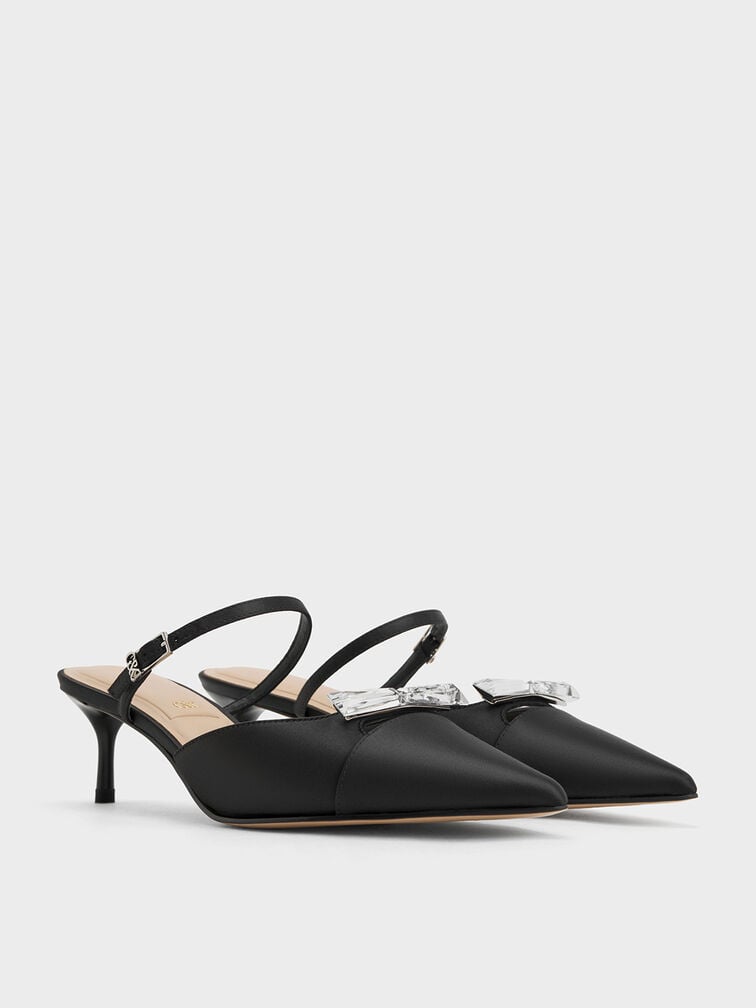 Women’s recycled polyester bow kitten-heel mules in black textured - CHARLES & KEITH