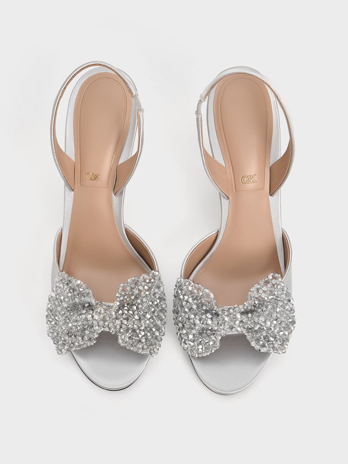 Women’s recycled polyester beaded bow slingback pumps in silver - CHARLES & KEITH