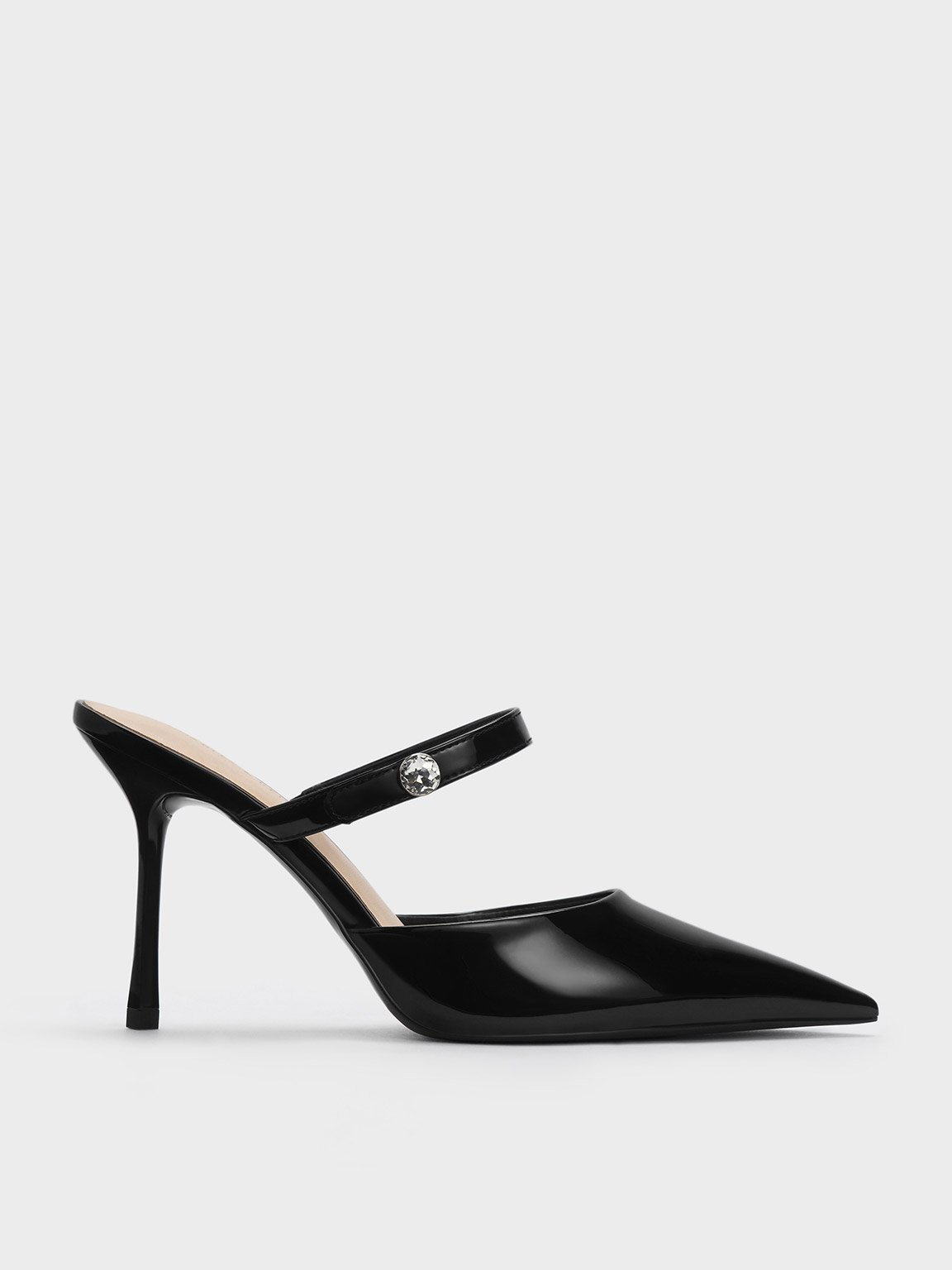 Black Patent Crystal-Accent Stiletto-Heel Mules - CHARLES & KEITH ID